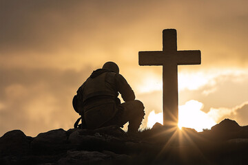 Soldier paying respects at cross battlefield spiritual reflection dusk intimate perspective