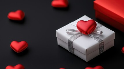 A beautifully wrapped gift box with a heart-shaped decoration, surrounded by red heart accents on a dark background, perfect for romantic occasions.