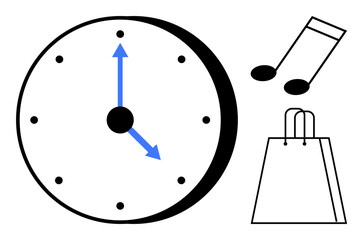 Clock with blue arrows suggesting time, musical note, and shopping bag. Ideal for time management, music events, shopping promotions, schedules, and lifestyle themes. Line metaphor