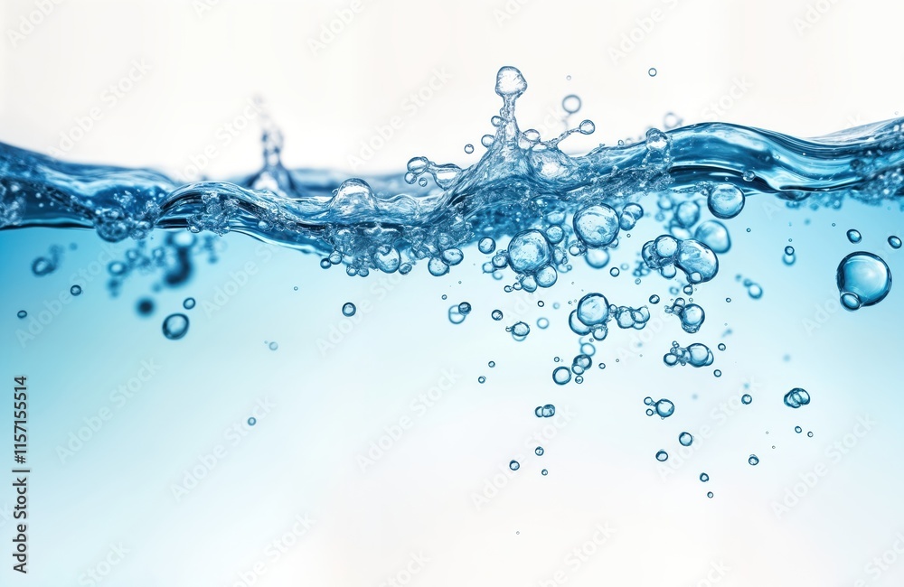 Aufkleber Closeup view of flowing clear blue water with air bubbles. Water surface ripples gently. Image shows transparent liquid with bubbles. Water texture. Pure and clean water. Nature element.