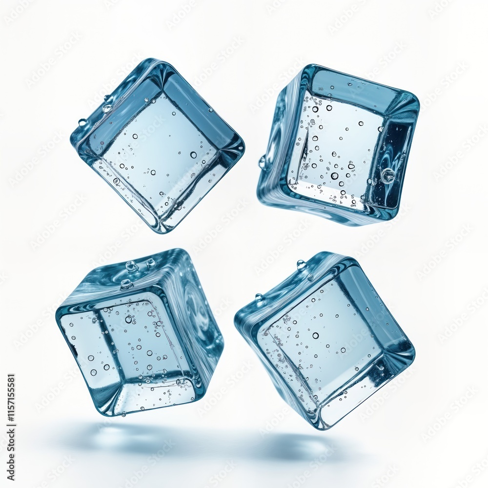 Poster four ice cubes float in air. clear blue. water droplets visible. background white. look cool, fresh.