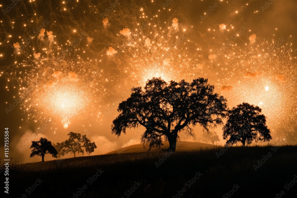 Aufkleber a powerful display of an explosive wildfire resembling fireworks, highlighting the unpredictable pow