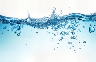 Closeup view of flowing clear blue water with air bubbles. Water surface ripples gently. Image shows transparent liquid with bubbles. Water texture. Pure and clean water. Nature element.