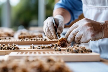 A bee keeper is carefully extracting honeycomb from the frame, showcasing the intricate relationship between humans and nature in the art of beekeeping.