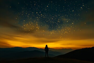 Fototapeta premium A single silhouetted figure stands on a hill, surrounded by a majestic twilight sky filled with stars, reflecting solitude, wonder, and a sense of peace.