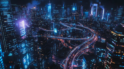 Fototapeta premium Smart digital Innovation city with connection network reciprocity over the cityscape. of future smart wireless digital city and social media networking systems that connects people with in city