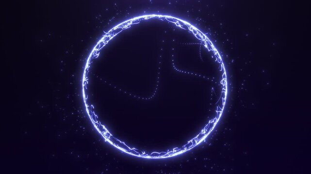 Shiny waveform purple sphere made of glowing lines and dots on dark flowing particles background. Vj digital futuristic visualizer magic orb. Fantasy globe turning in space. 4k 60 fps looped graphic.