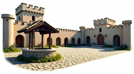 Fototapeta premium Medieval Castle Courtyard: A serene well sits at the heart of this ancient stone castle, surrounded by arched entryways and crenellated towers.