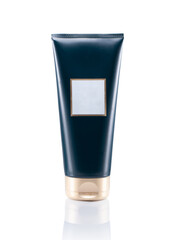 Dark blue cosmetics type of bottle. Full depth of view. Isolated on a pure white background.