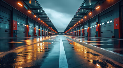 Clean pit lane at race track, dramatic lighting, facing into the garages.