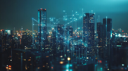 Fototapeta premium Smart digital Innovation city with connection network reciprocity over the cityscape. of future smart wireless digital city and social media networking systems that connects people with in city