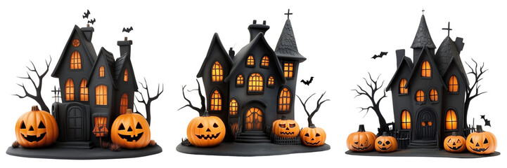 Set of A cozy front porch decorated for Halloween with an array of carved pumpkins on transparent png background