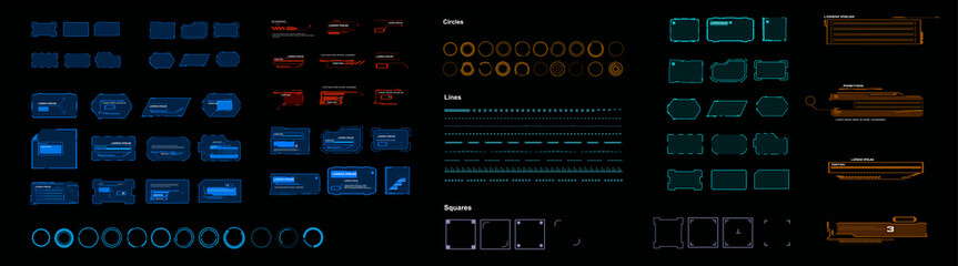 Vector frames set. Elements with text, signs and symbols for personal graphical interface HUD. Collections HUD elements. Futuristic GUIUI framework set. Windows and blocks with information