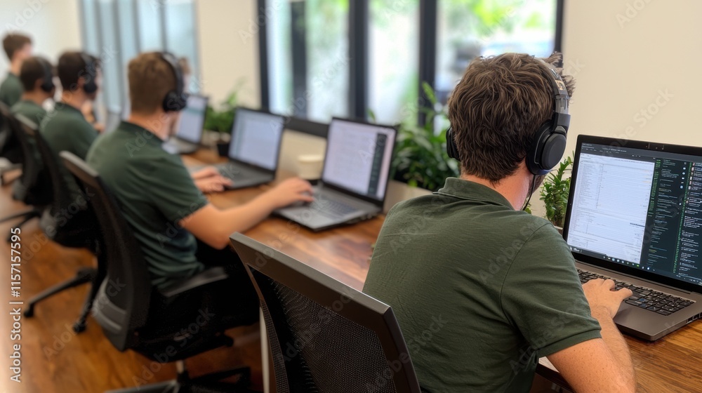 Poster Software developers working on laptops in modern office environment