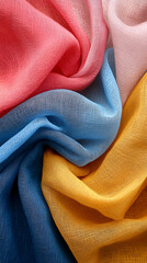 Fototapeta premium Draped Fabric in Vibrant Hues, A Textured Display of Colorful Silk, Softly Arranged and Beautifully Illuminated, Showcasing the Richness of the Material's Texture.