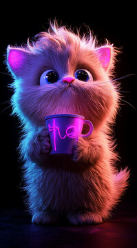 Cat holding coffee, dark background, simple style, colorful cartoon, simple lines, black and purple gradient hair color, fluffy fur texture.
