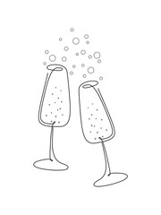 Two glasses of champagne, graphic illustration hand-drawn with one line, isolated on a white background, vector. Black and white modern contour drawing icon sketch for holiday, celebration, wedding