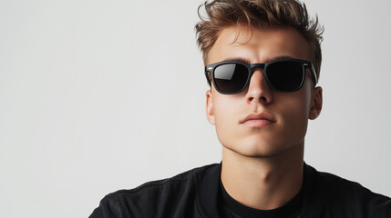 Stylish young man wearing black sunglasses and a casual jacket against a minimal white background