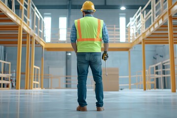 A silhouette of an engineer standing on the construction site, with their back to the camera and wearing a high-visibility vest and hard hat. They are holding tools in their hand