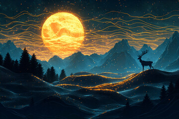 Majestic Stag, Golden Moonlit Mountains, Sparkling Night