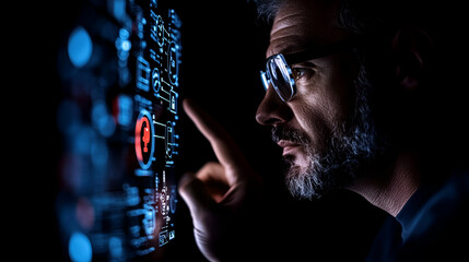 Man Interacts with Futuristic Digital Interface, Exploring Data Streams and Network Connections in a Dark Room.