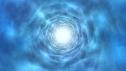 Flight throught bright blue glowing fantasy cloudy tunnel. Energy twist rotating cloudscape heaven gateway or shiny nebula portal. Turbulent magic air swirl.  © Vooper