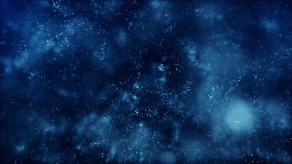 Abstract flow of blue glowing realistic bokeh particles shining like a blue sea. Molecules on surface. Air bubbles in the water depths. Futuristic glitter in space on dark background.