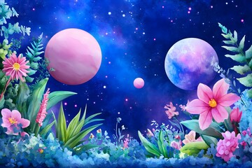 Watercolor painting with a dark blue background, featuring pink and purple planets, flowers, and greenery