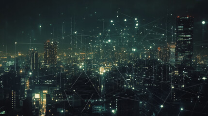 Fototapeta premium Smart digital Innovation city with connection network reciprocity over the cityscape. of future smart wireless digital city and social media networking systems that connects people with in city