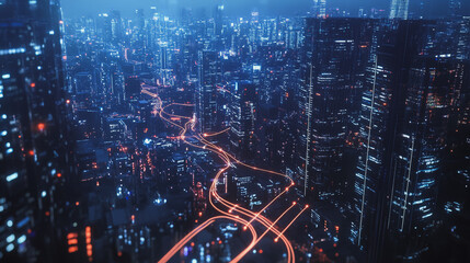 Fototapeta premium Smart digital Innovation city with connection network reciprocity over the cityscape. of future smart wireless digital city and social media networking systems that connects people with in city