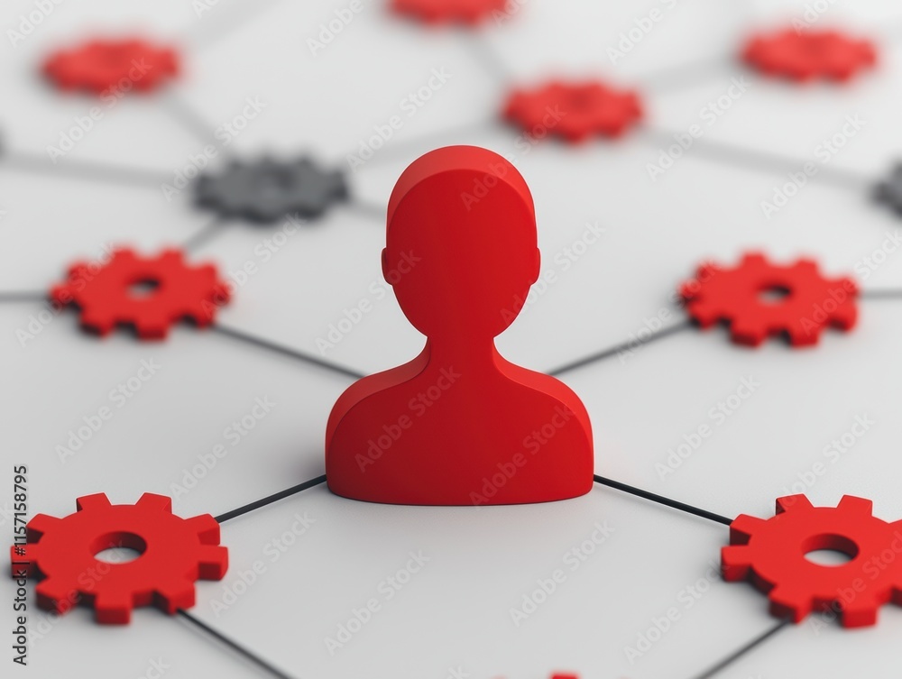 Aufkleber Red manager connecting gears in a network, problem-solving and leadership concept
