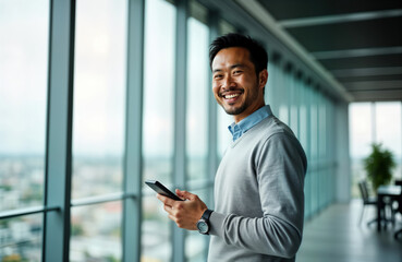 Confident Asian businessman in modern office holds smartphone and smiles at camera. Pro man looks happy and stylish. He is in contemporary office environment. Focus is on business portrait.