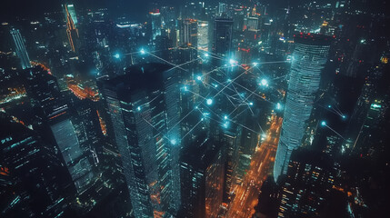 Smart digital Innovation city with connection network reciprocity over the cityscape. of future smart wireless digital city and social media networking systems that connects people with in city