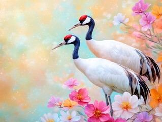 Fototapeta premium Elegant Cranes Standing Amidst Vibrant Flowers in a Serene Dreamy Landscape