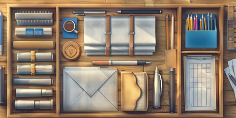 Wooden Organizer with Assorted Art and Writing Supplies