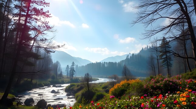 Spring Forest Mountain River in Sunlight
