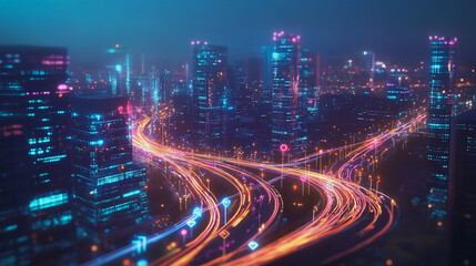 Fototapeta premium Smart digital Innovation city with connection network reciprocity over the cityscape. of future smart wireless digital city and social media networking systems that connects people with in city