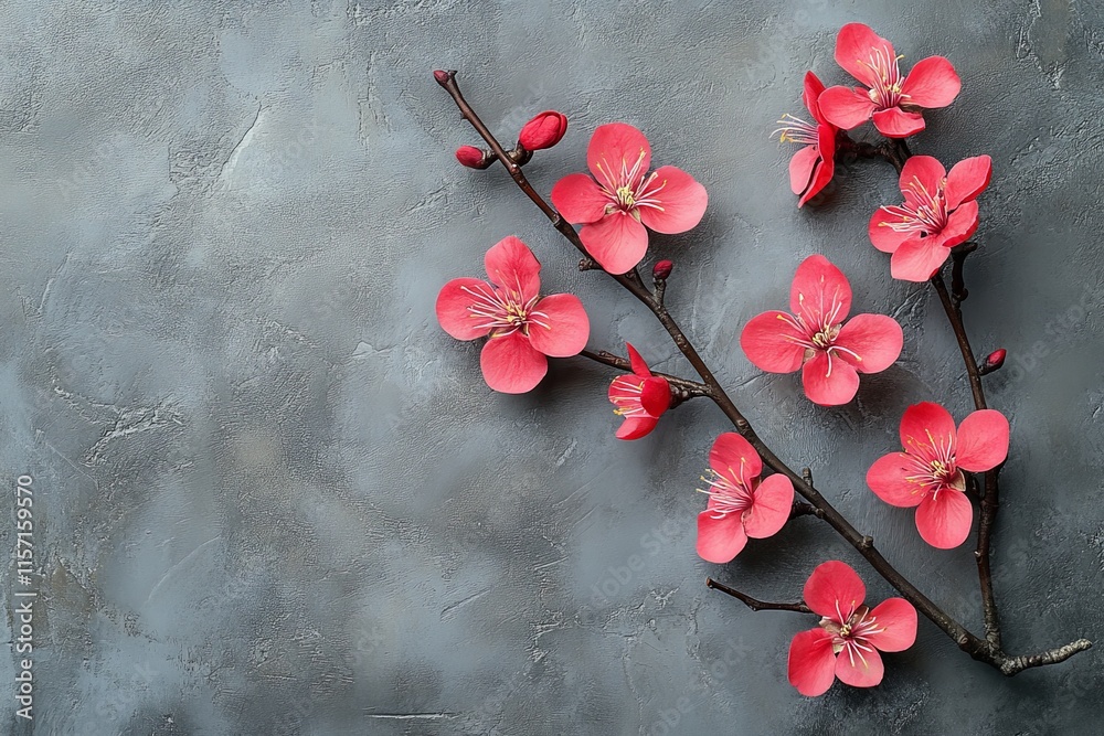 Poster beautiful red flowers adorn a branch against a stylish gray textured backdrop, capturing a blend of 