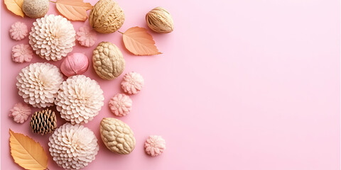 Autumnal Floral Arrangement on Pink Background, Delicate flowers, walnuts, and leaves create a charming fall scene, beautifully arranged for a serene aesthetic.