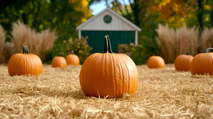 Autumn Harvest, Pumpkins in Hay Field near Rustic Barn, Golden Sunlight Bathes the Scene Beautifully.