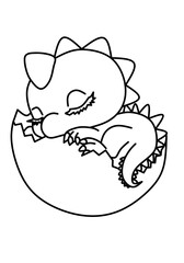 Illustration of a cute baby dinosaur sleeping in an egg shell, a sketch for children to learn to color
