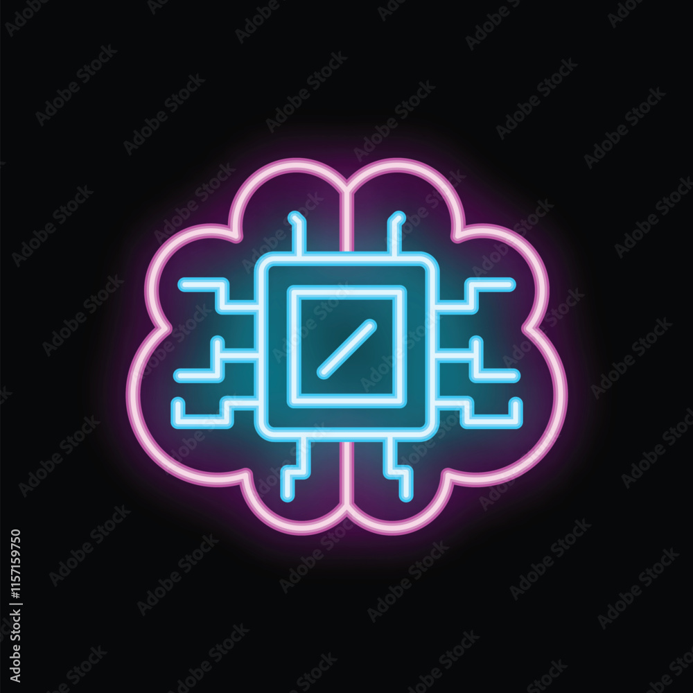 Poster neon style icon representing artificial intelligence combining a brain and a cpu