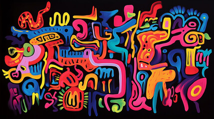 Dynamic abstract art with vibrant multicolored shapes and patterns on a dark background