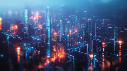 Fototapeta premium Smart digital Innovation city with connection network reciprocity over the cityscape. of future smart wireless digital city and social media networking systems that connects people with in city