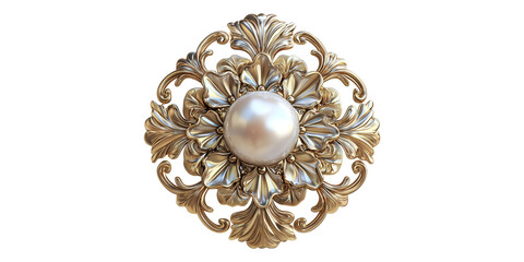 Ornate golden brooch with pearl isolated on transparent background