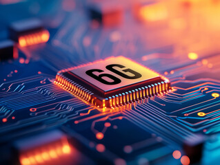 Futuristic Technology Concept Featuring 6G Chip on Advanced Circuit Board Design