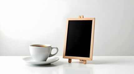 Aromatic coffee in a white cup sits beside a small, blank blackboard easel, ready for your message. Perfect morning scene!