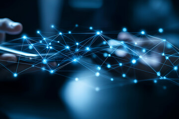 Obraz premium Global Network Connectivity, Hands Interact with a Digital Network of Connections Seamlessly and Efficiently.