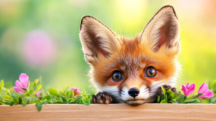 Obraz premium Cute Red Fox Peeking Over a Wooden Fence Surrounded by Colorful Flowers in Nature Background