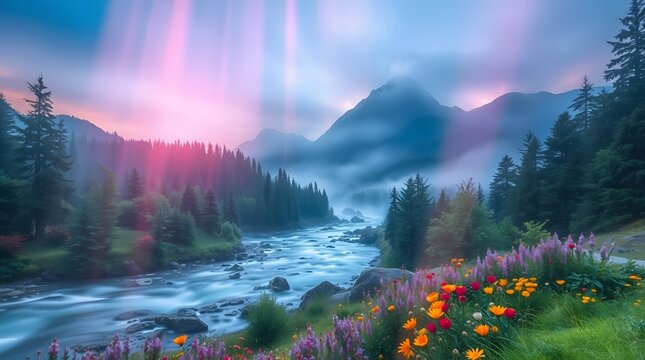 Spring Forest Mountain River in Sunlight